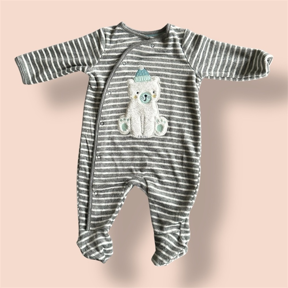 New Grey Striped Baby One-Piece with Bear